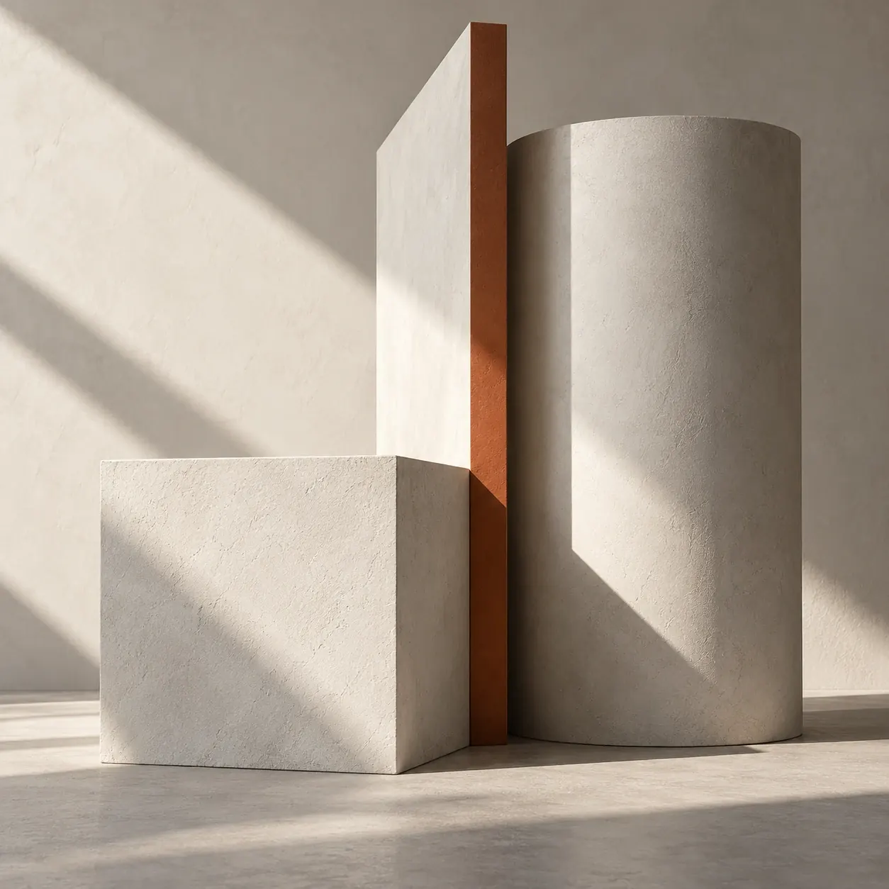 Balanced geometric volumes brought together by a slender burnt-orange detail.